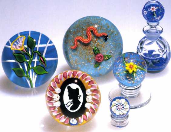 5.91 Paperweights and a perfume bottle by Charles Kazi inn