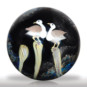 Lot 272 Orient & Flume 1982 fantasy flowers with perching doves surface design paperweight, by Ed Seaira