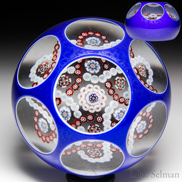 Antique Baccarat interlaced millefiori trefoil garlands in blue double overlay faceted paperweight.