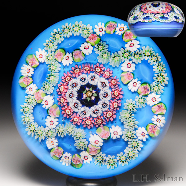 Antique Clichy interlaced millefiori quatrefoil garlands paperweight.