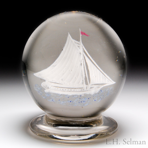 Very rare Millville frit sailing ship pedestal paperweight.