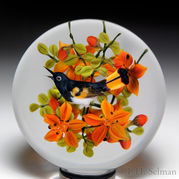 Rick Ayotte 1986 "American Redstart with Tiger Lilies"compound paperweight.
