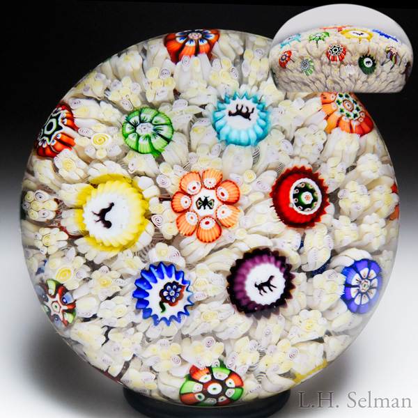 Rare Antique Baccarat 1848 “Choufleur” Gridel Silhouettes And Millefiori Carpet Ground Paperweight.
