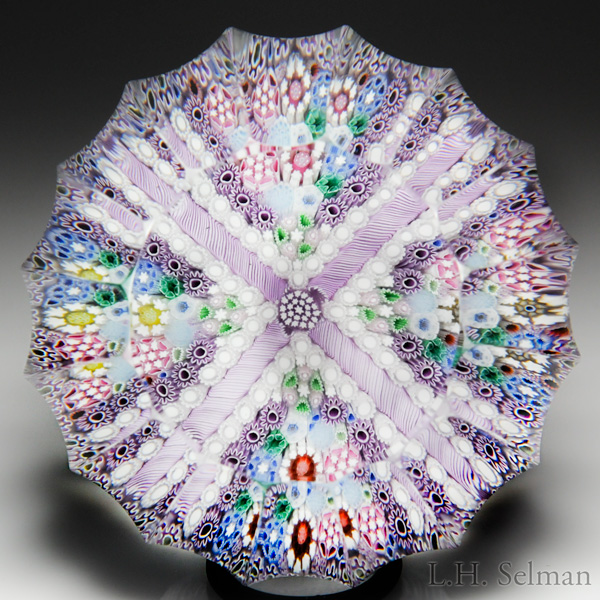 Jim Brown 2017 Lavender Cross-Patterned Millefiori Fluted Faceted Paperweight